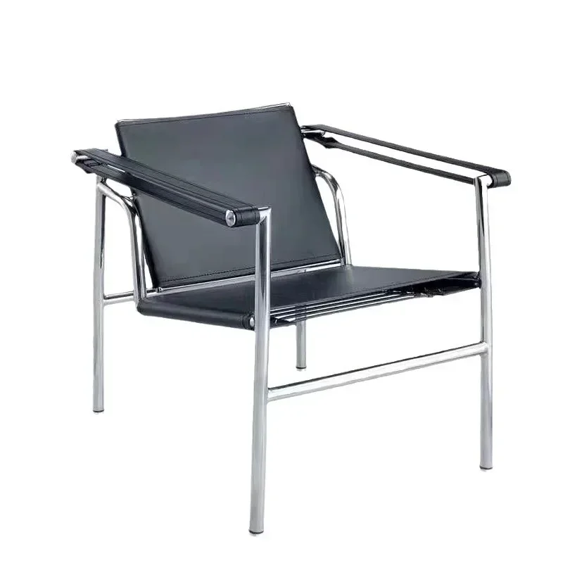 Poltrona Lounge in Pelle PU e Vera Pelle con Struttura in Acciaio Inossidabile per Soggiorno, Stile Bauhaus
