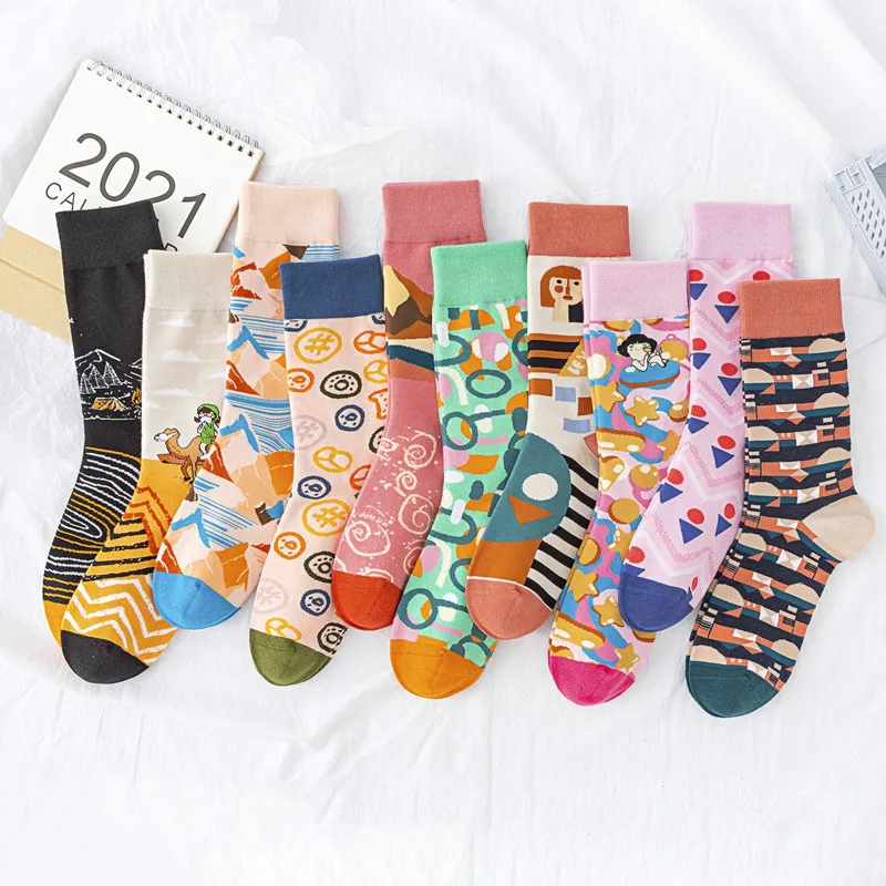 

New Socks Women's Stockings Fun Oil Painting Men's And Women's Color Geometric Stockings Creative Boneless Cotton Socks Wholesal