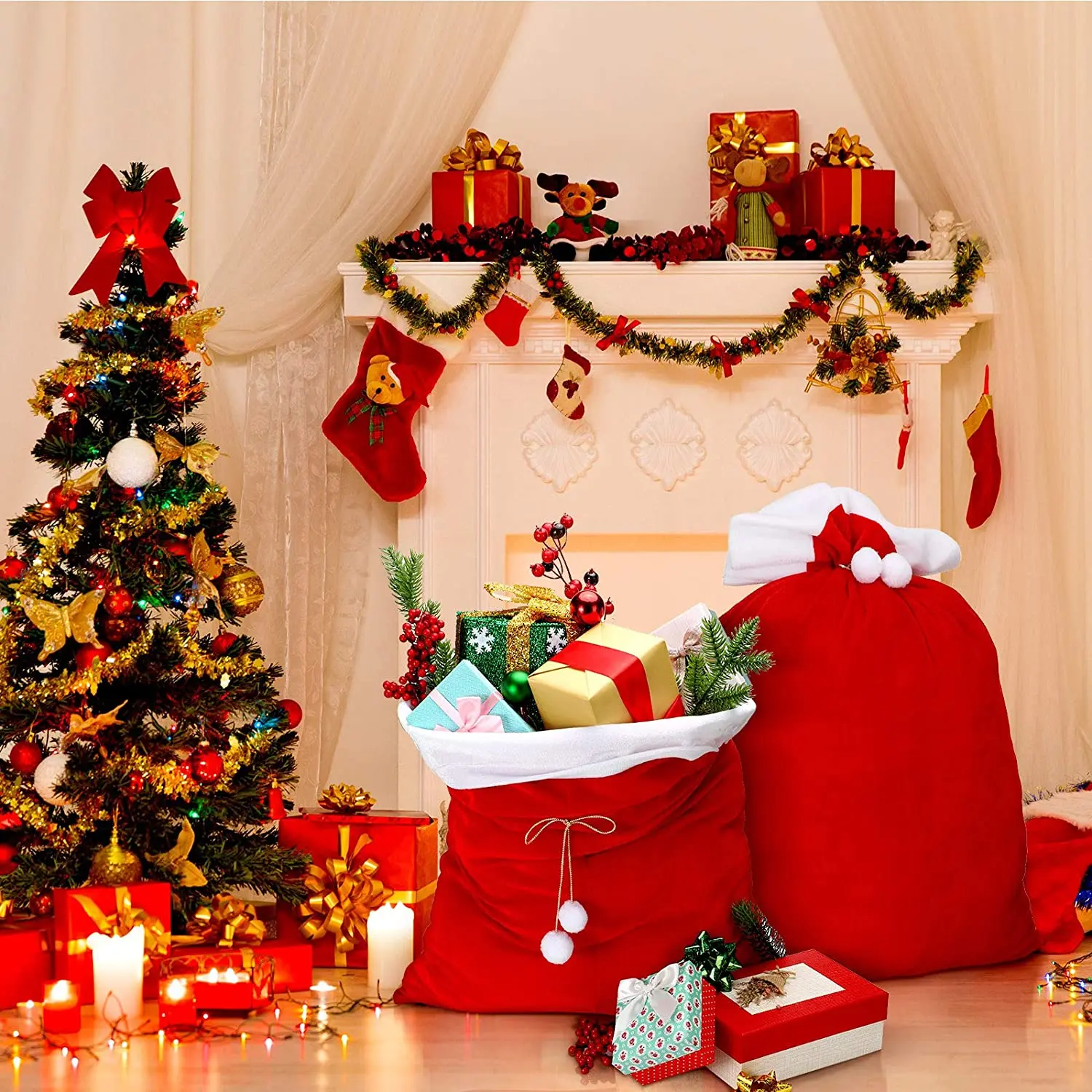 Christmas Gift Bags 1Pcs Christmas Sacks Red Velvet Santa Claus Bags With Drawstring Large Xmas Santa Present Storage