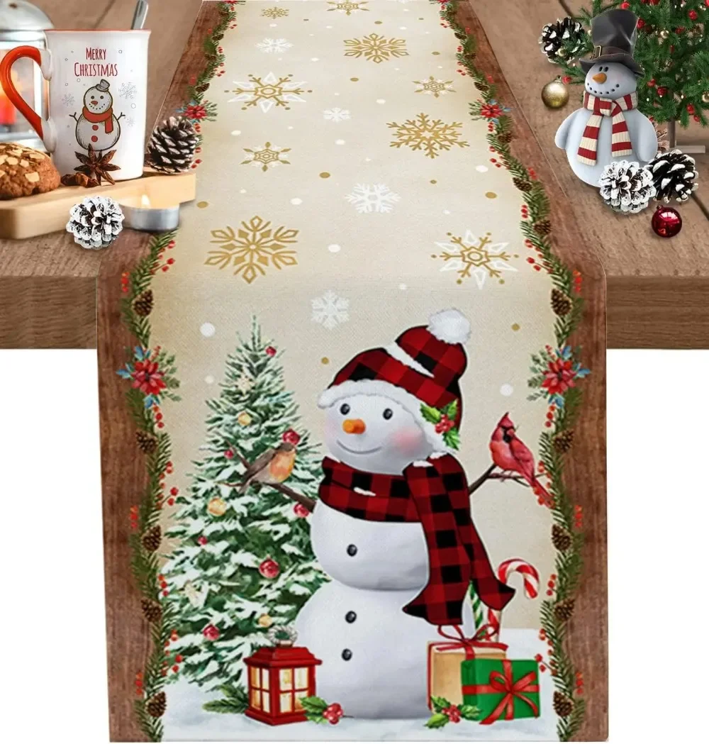 thumbnail image 1 of Caminos de mesa con diseño de árbol de Navidad, muñeco de nieve, decoración de mesa de comedor para cocina, estilo rústico, Navidad, caminos de mesa de lino para decoración de bodas, 1 of 4