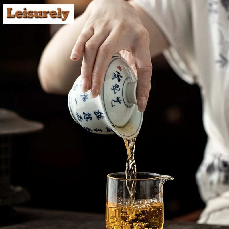 175ml Antique-style Green Glaze Handwritten Poetry Gaiwan Handmade Tea Tureen Tea Bowl With Lid Kit Tea Making Cover Bowl Craft