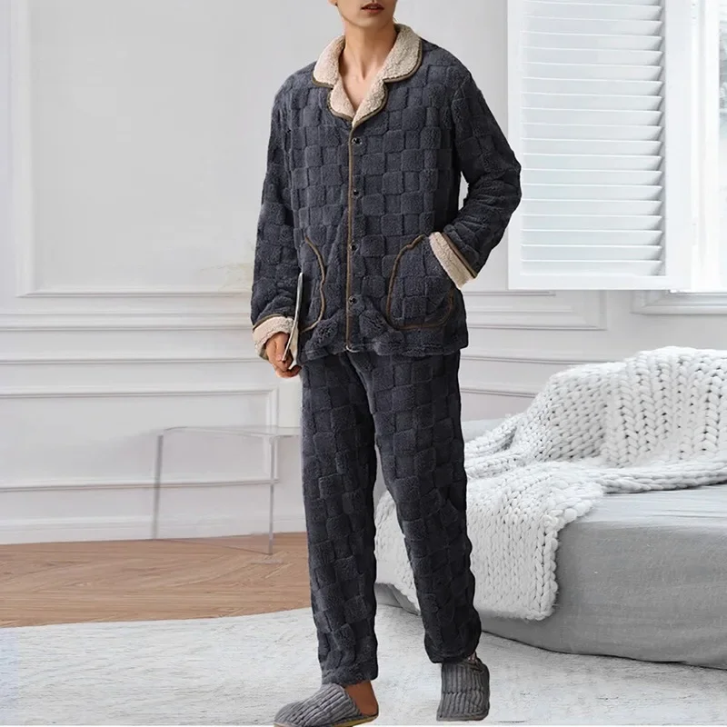 Men Winter Thickened Coral Fleece Pajamas Trousers Long Sleeve Plaid Jacquard Cardigan 2PCS Set Warm Leisure Flannel Nightwear