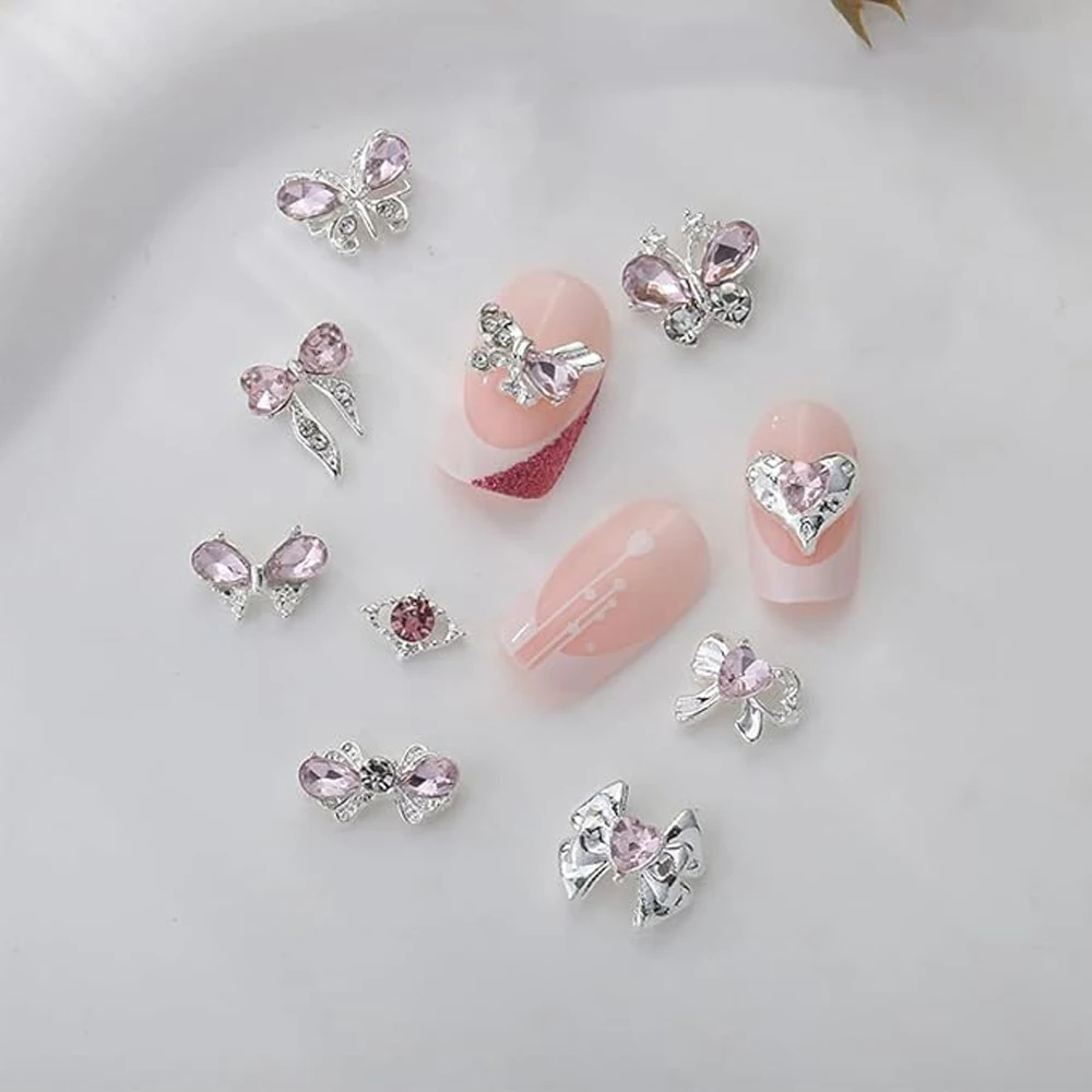 10Pcs Zircon Pink Nail Art Charms 3D Luxury Bow Heart Butterfly Inlaid Pink Diamond Rhinestone Decoration DIY Manicure Parts 5