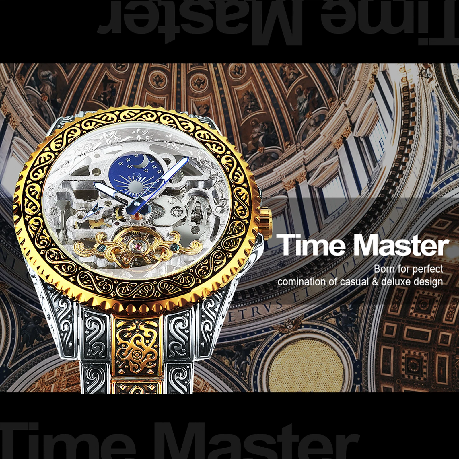 Automatic Tourbillon Mechanical Watch for Men Skeleton Mens Watches Engraved Vintage Moon Phase Steel