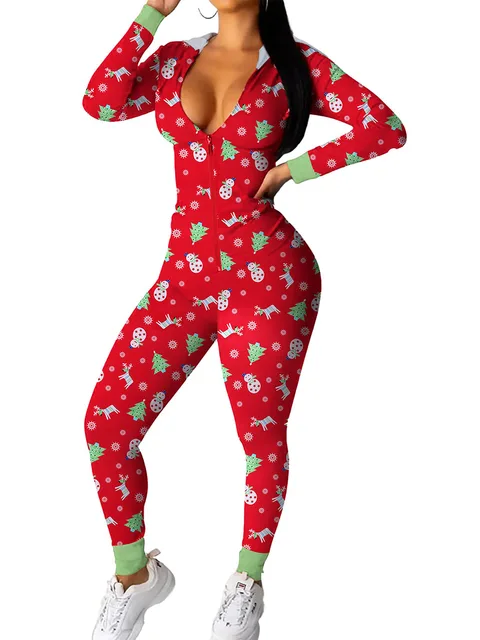 Women s Christmas Pajamas Romper Cute Print Long Sleeve Zip Up Hooded Jumpsuit Sleepwear 5