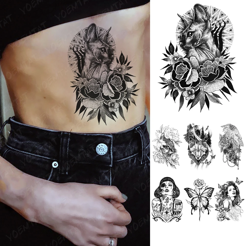 Waterproof Temporary Tattoo Sticker dark spot style cat rose Flash Tattoos Gothic punk Y2K Body Art Arm Fake Tatoo Men Women