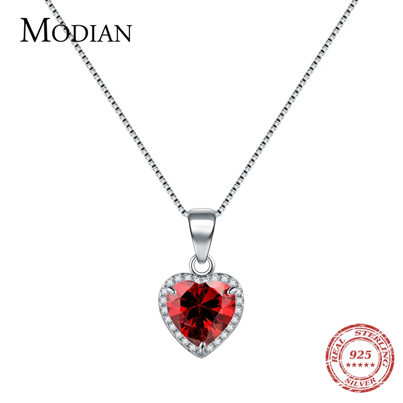 Modian luxury Fashion Real 925 Sterling Silver Hearts Pendant Red Heart Clear Crystal Classic Wedding Chain Jewelry For Women