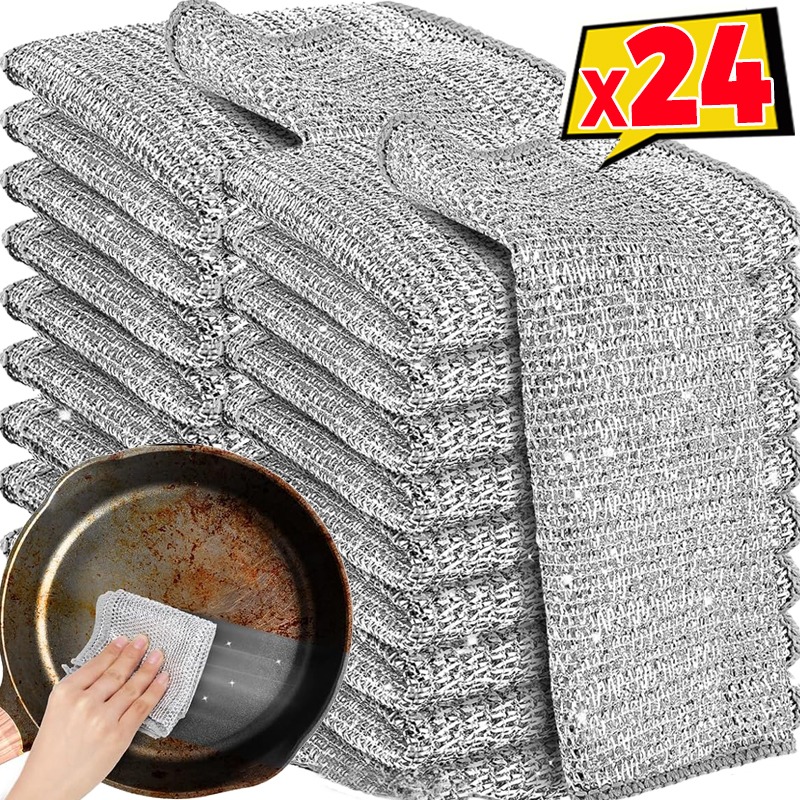 1/24pcs New Thickened Steel Wire Cleaning Cloth Non-stick Oil Double-layer Microfiber Mesh Dishrag Home Kitchen Scouring Pads