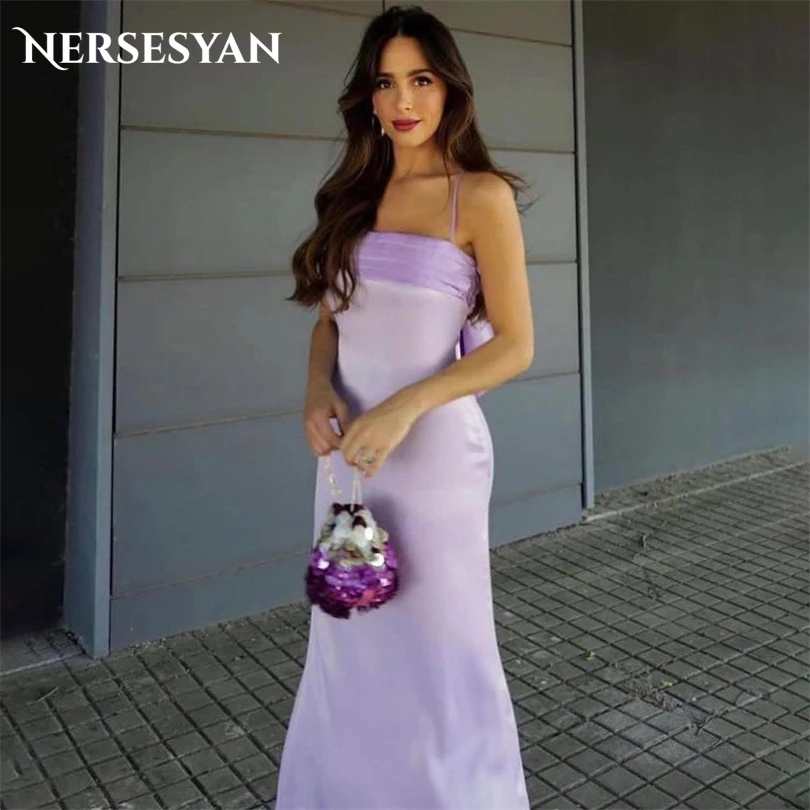 

Nersesyan Modern Spaghetti Straps Evening Dresses Satin Sleeveless Back Bow Pleated Party Gowns Mermaid Vestidos De Fiesta 2023