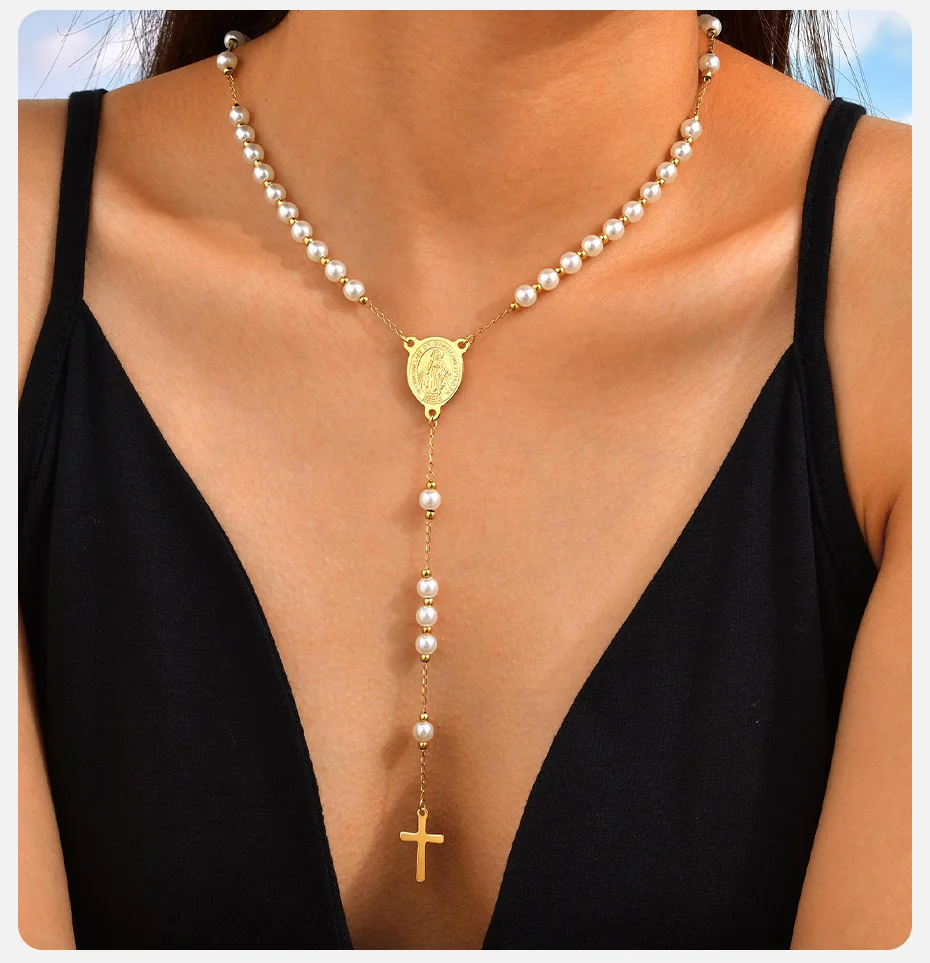 Vnox Edelstahl-Perlen-Rosenkranz-Perlen-Halskette, religiöse Kreuz-Halskette der Jungfrau Maria für Frauen, Gebetsschmuck, 65 cm lange Kette – Detail 3