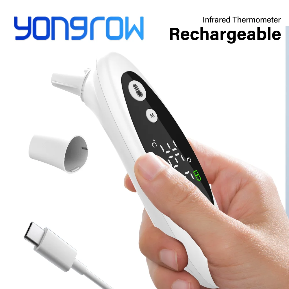 Yongrow Rechargeable Infrared Ear Thermometer 3 Modes Forehead/Ear/Room Temperature Measurement Records Alarm Light