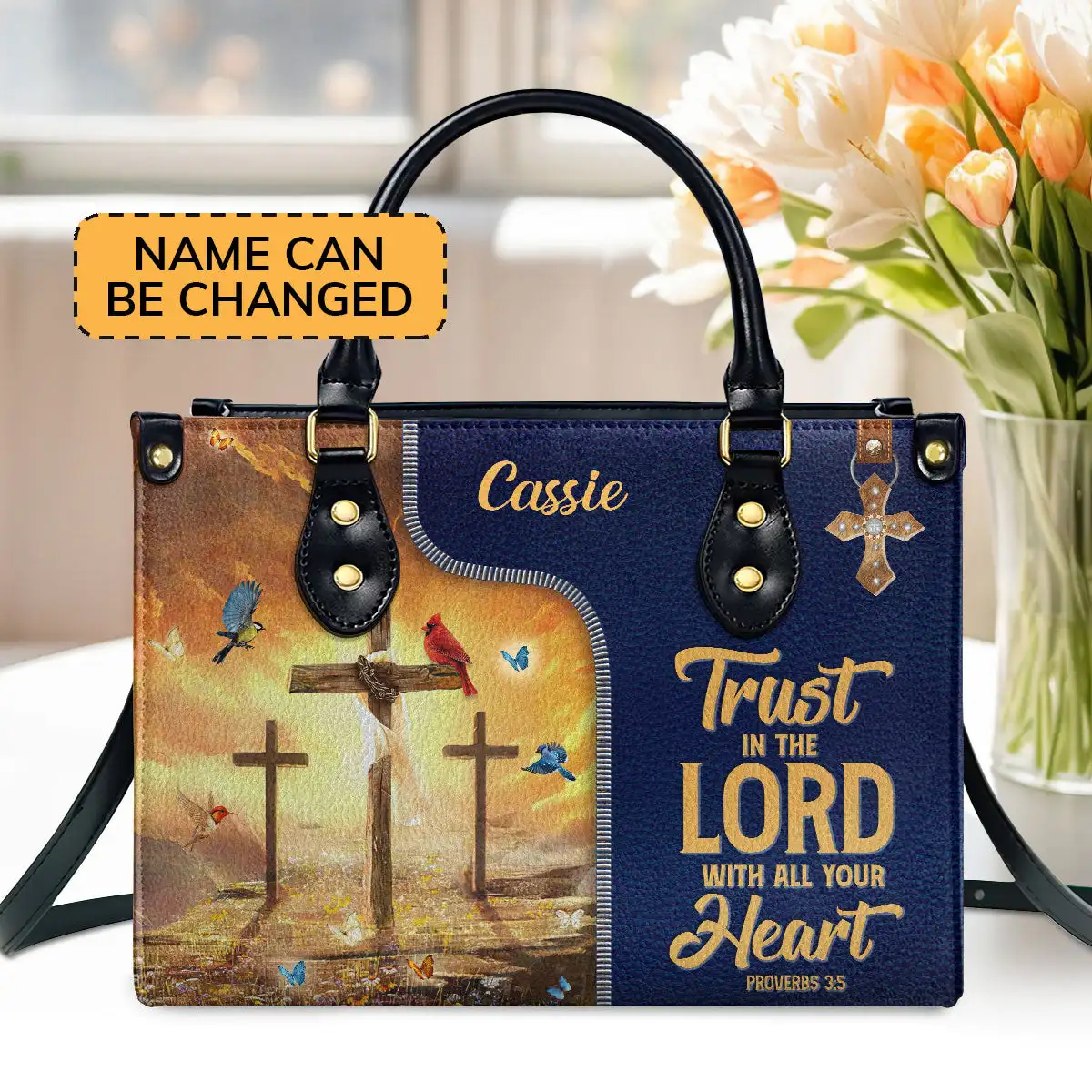 

Awesome Personalized Leather Handbag Trust In The Lord With All Your Heart Pattern Totes Shopping Bag Big Capacity Crossbody Bag