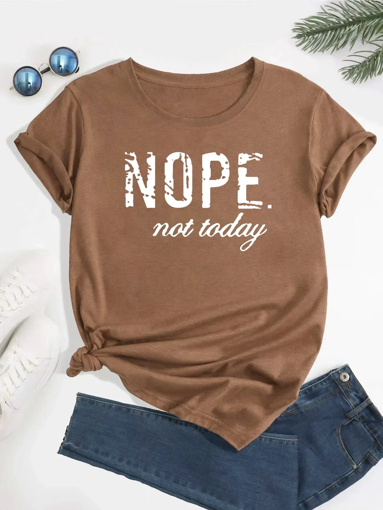 Nope Not Today 플러스 사이즈 레터 프린트 그래픽 티셔츠, 귀여운 반팔 크루넥 셔츠, 캐주얼 매일 상의, 여성 의류