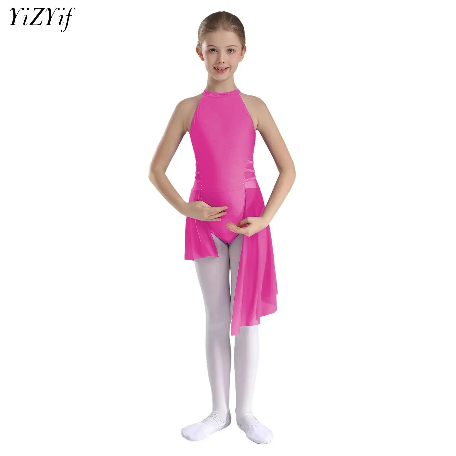 

Kids Girls Ballet Leotard Gymnastics Figure Skating Performance Costume Sleeveless Sheer Mesh Bodysuit Dancewear for Competition