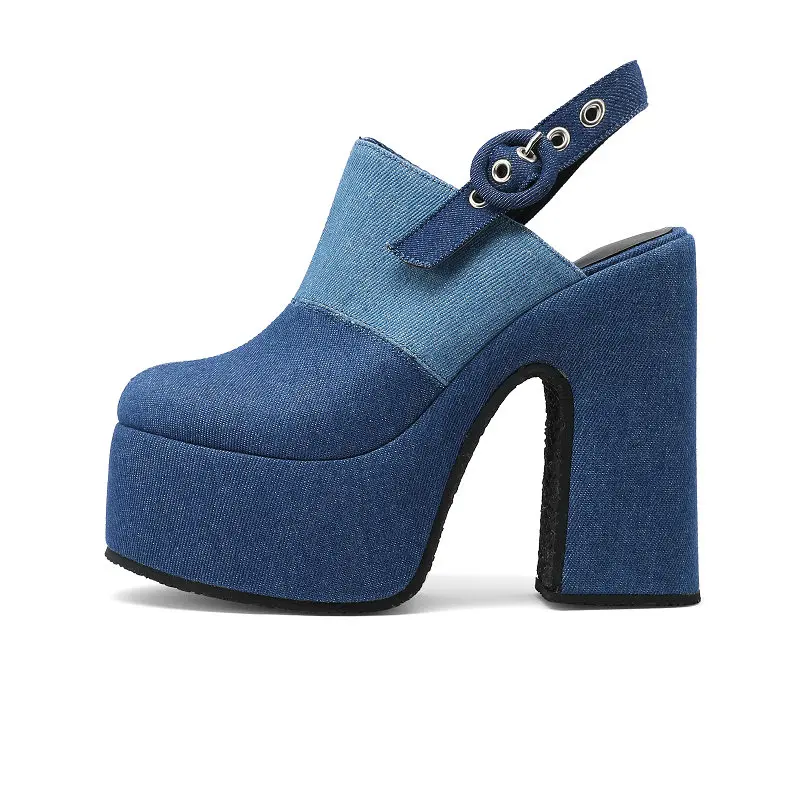 

Western European Lady Pumps Summer Blue Denim Jeans Patchwork Closed Toe Platform Block Thick High Heels Slingback Sandals Women