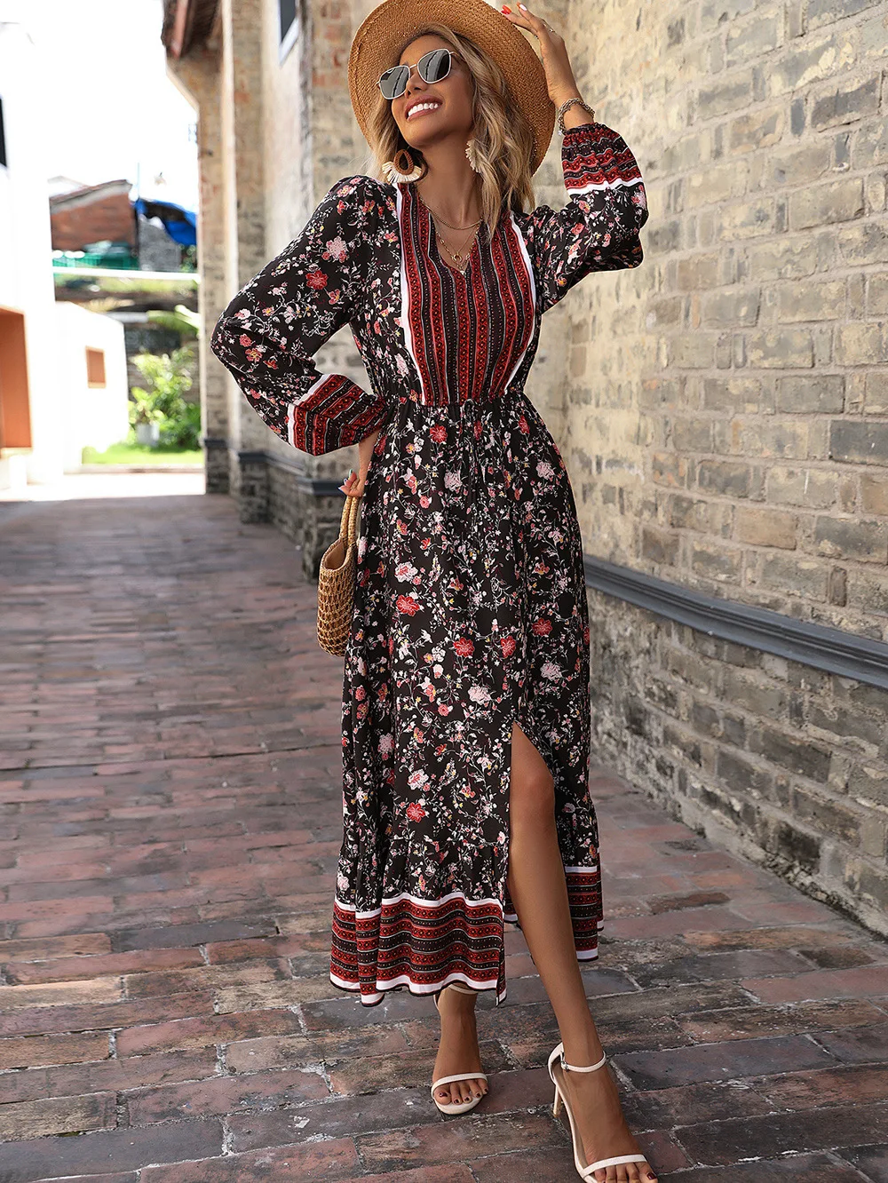 CHYXSB 2022 Women New Long Sleeve Deep V Dress Printed Ankle Length