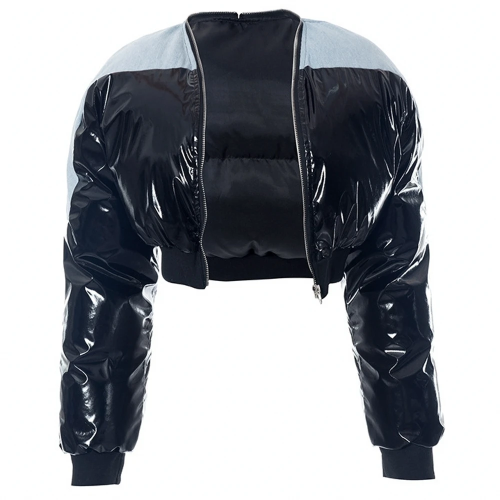 

Winter Shiny PU Puffer Coats Women Winter New Attractive Full Sleeve Ruched Stand Collar Zip-up Jackets Female Street Outwear