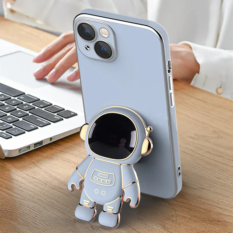 Plating 3D Astronaut Stand Holder Phone Case For iPhone 13 11 12 Pro Max 13Pro XS Max XR X 7 8 Plus 11 Camera Protection Cover iphone 12 pro max leather case