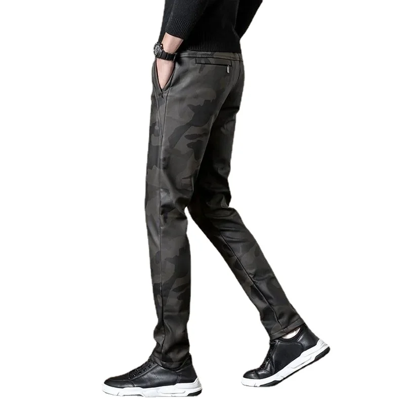 

Leather Pants Men Winter Elastic Waist High Waist Casual Slimming Military Pants Leather Cargo Pants Male