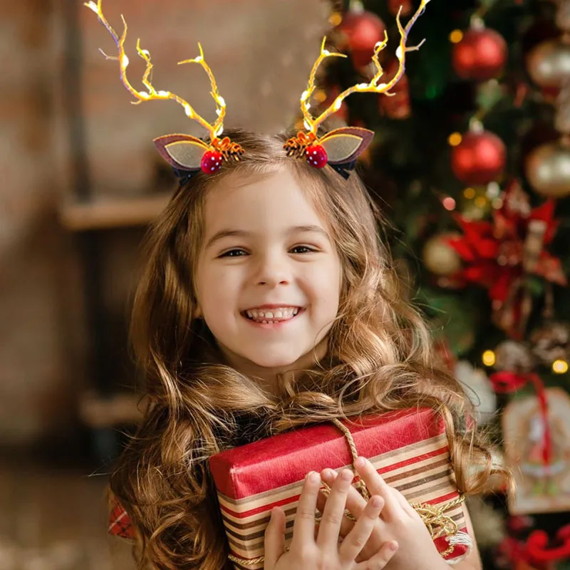 Christmas LED Light Antlers Hair Band Cute Fairy Glowing Elk Horn Hair Clip Women Girls Christmas Headwear With Lights Xmas Gift