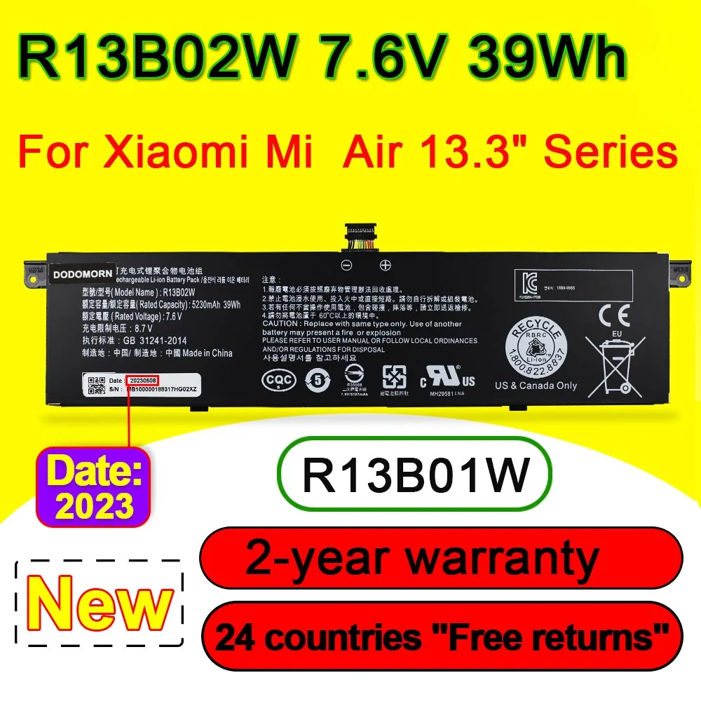 

For Xiaomi Mi Air 13.3 inch Series Tablet PC Batteries R13B01W R13B02W Laptop Battery 7.6V 39Wh 5230mAh High Quality In Stock