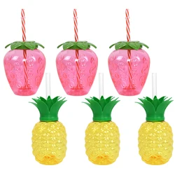 Set of 3/6 Cute Strawberry - Themed Water Cups - Summer Hawaiian Party Decor, Cartoon Food - Grade PP Drinkware - 500ml (3 pineapples 3 straw)