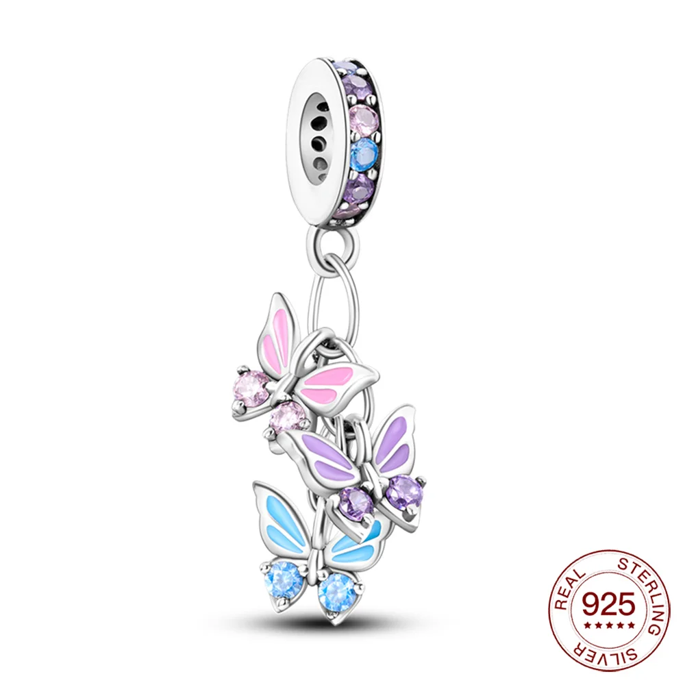 

Серебряная 925 розовая, фиолетовая и синяя бабочка, Подвеска для женщин, женский подарок на день рождения с бесплатной доставкой