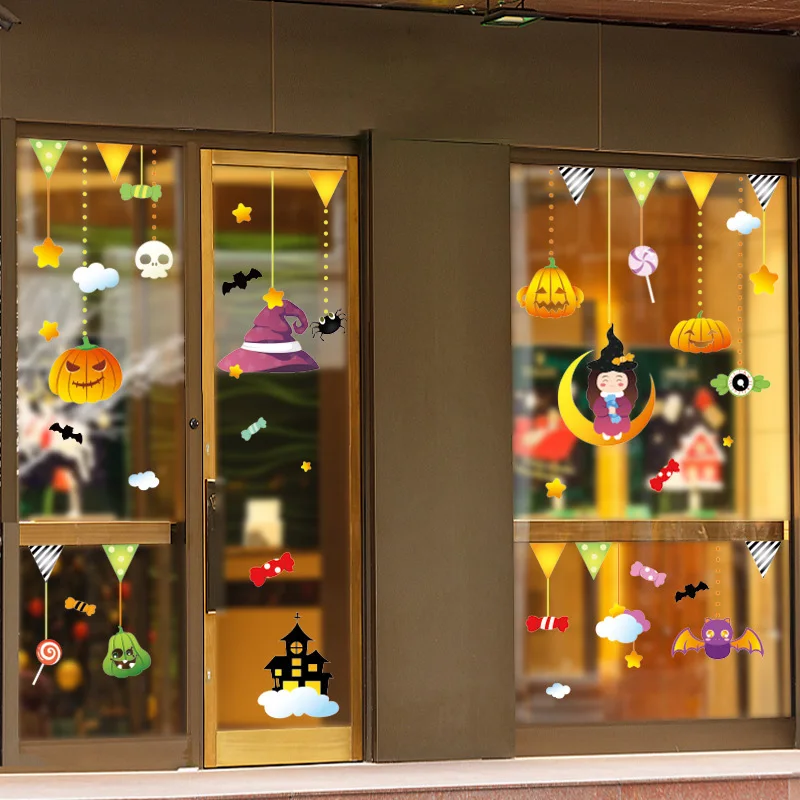 Halloween Window Sticker Witch Skull Ghost Pumpkin Decal Halloween Sticker Shopping Mall Glass Door Sticker Decorazione Di Halloween