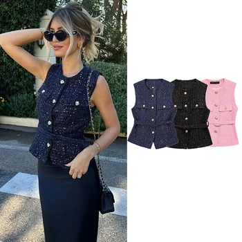 Spring Vest Jackets Women's 2025 New Jacket Coat Fashion Slim Belt O-neck Street Joker Youth Coat Vest 1