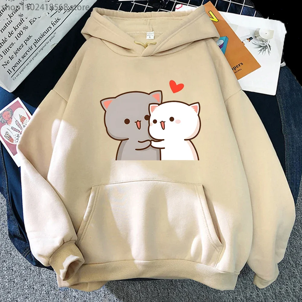 

Cartoon Cute Peach Cat Hoodies Women Aesthetic Clothing Kawaii Sweatshirts for Girls Winter Fleee Casual Pink Tops Long Sleeve