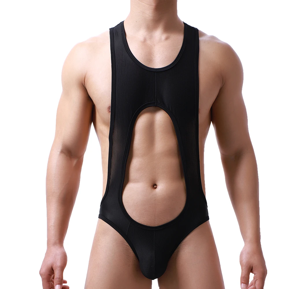 Sexy Bodysuirts Mens Undershirts Jockstrap Mesh Breathable Jumpsuits Leotard Underwear Teddies One-Piece Wrestling Singlet 2XL