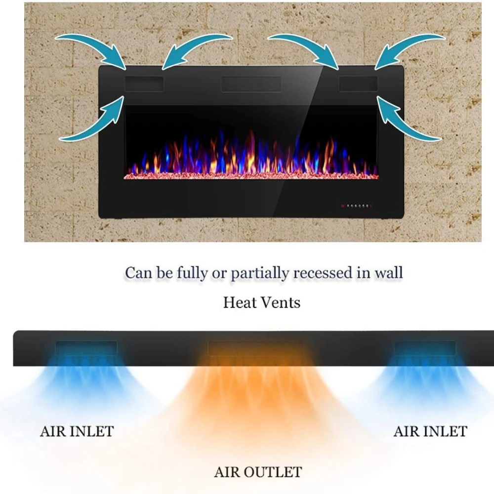 Electric Fireplace Wall Recessed Mounted LED Decorative Fireplace Wood Insert 60inch/152cm Fire Place Heater for RV Home Hotel