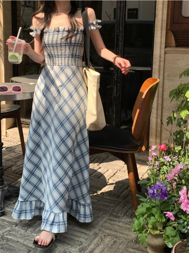 

Women 2023 Y2k Vintage Chic Ruffle One Piece Off Shoulder Corset Long Holiday Dresses Summer Korean Sytle Blue Plaid Dress