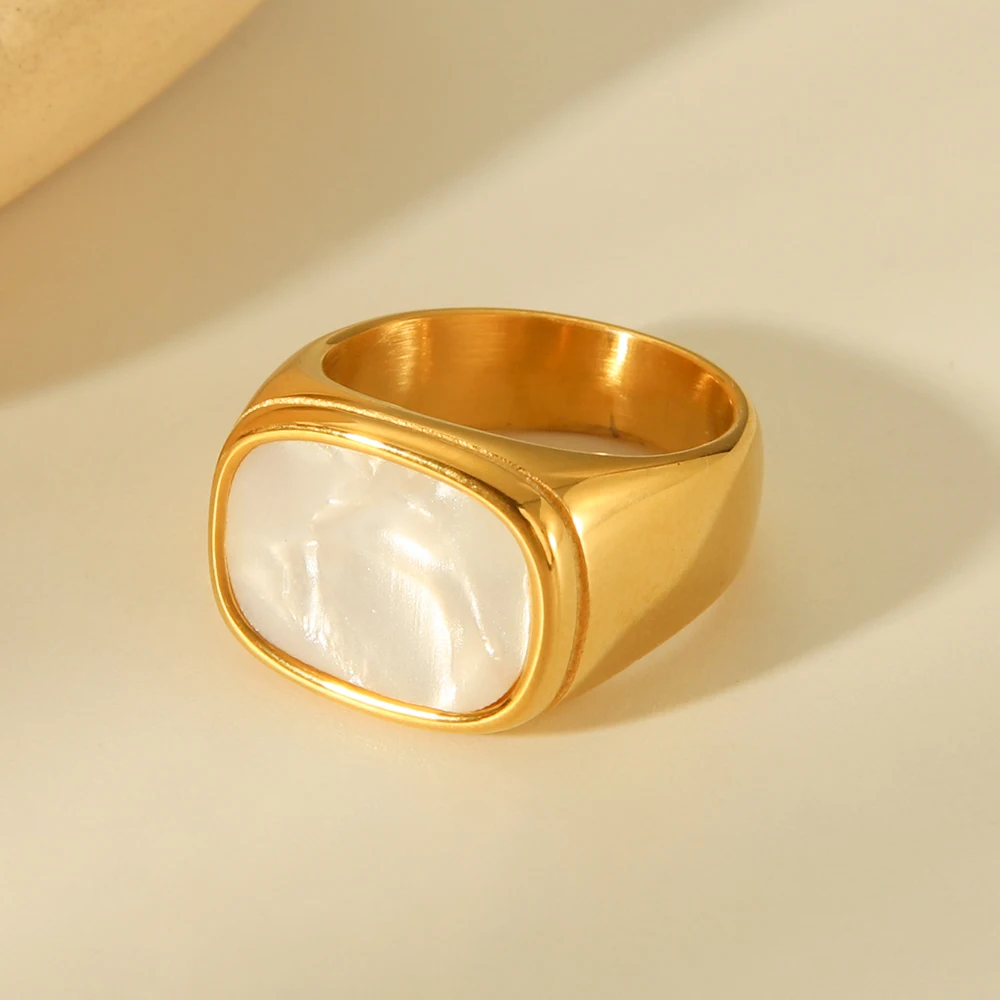 Anello vintage da donna, quadrato, in conchiglia bianca, robusto, in acciaio inossidabile placcato oro 18k lucido, accessorio per gioielli, regalo_voghion.com