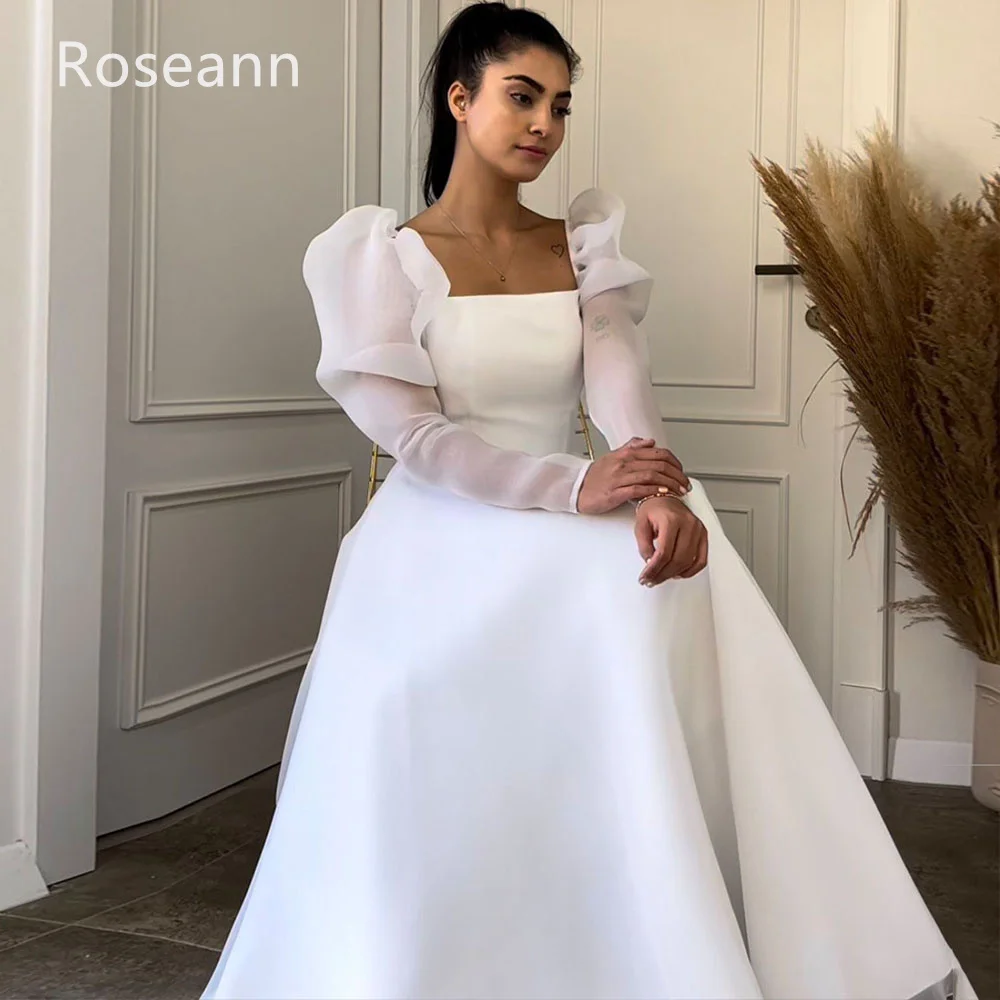 Muslim Exquisite Square A-line Wedding Dresses Puff Sleeve Satin Draped Pleat Full Bride Dresses Anck Length robe de mariée 5