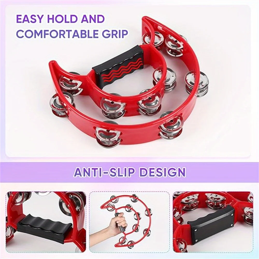 Half Moon Shaped Tambourine with Egg Shakers-Double Row Metal Jingles Handheld Bell Percussion Instrument for Dance Party KTV