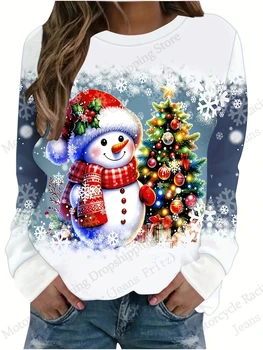 Womens Christmas Hoodies Christmas Tree Snowman 3d Print Sweatshirt Women Fashion Oversized O-Neck Hoodie Coat Female Clothing