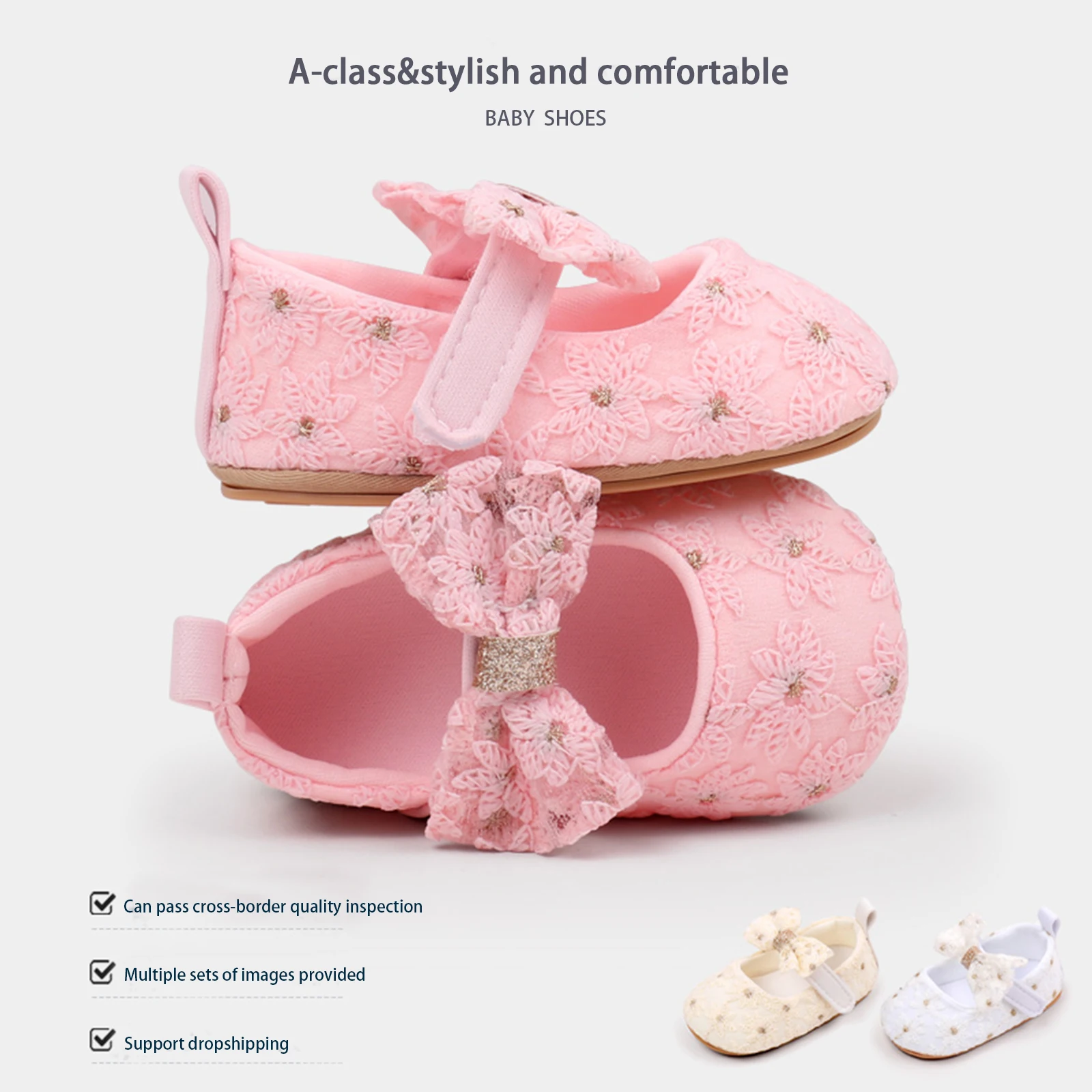Princess Baby Girls Shoes Infant Lace Flower Mary Jane Flats Cute Bowknot Wedding Dress Shoes Non-Slip Newborn First Walker 6