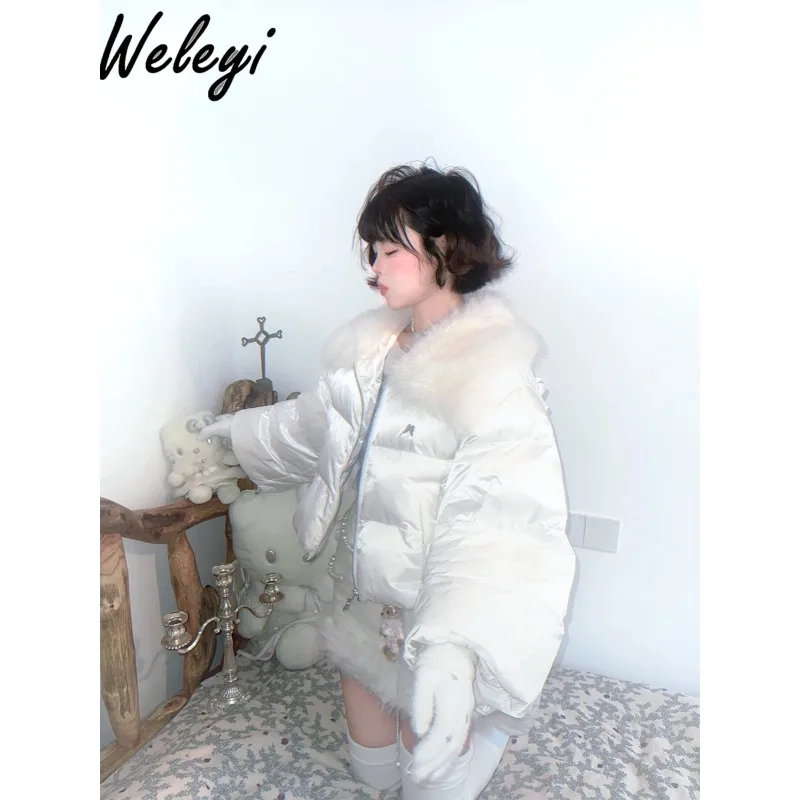 Sweet Women's down Coat 2024 Winter Trumpet Long Sleeve Angel Wings Detachable Short Fur Collar Thick Loose Cotton Padded Coats