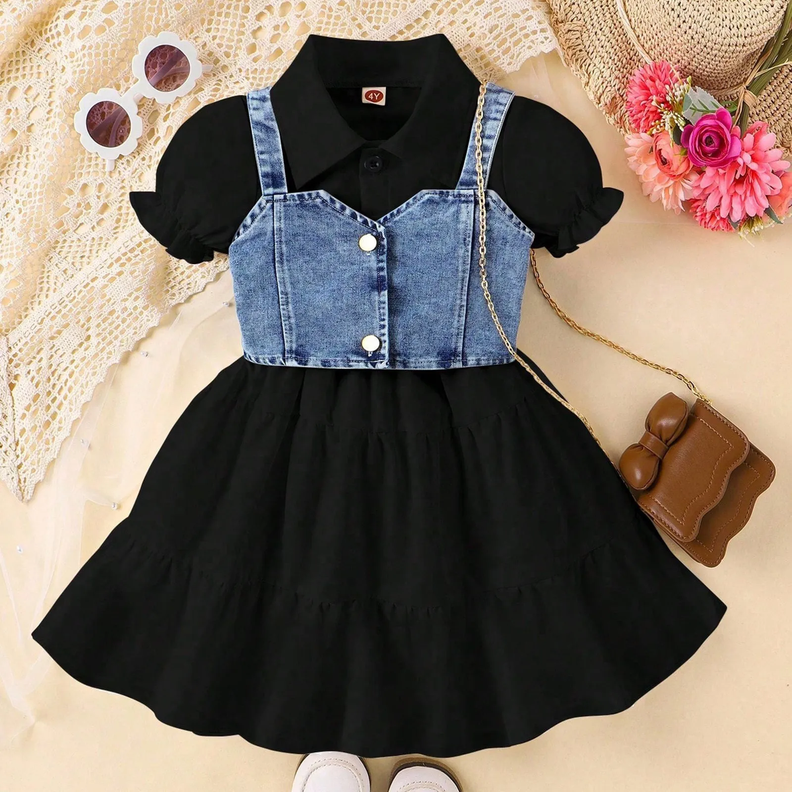 3Y,4Y,5Y,6Y,7Y Kids Girls Clothes Sets Summer Wear Denim Vest+Short Sleeved Shirt Dress Children Girls Two Pieces Outfits Sets 1