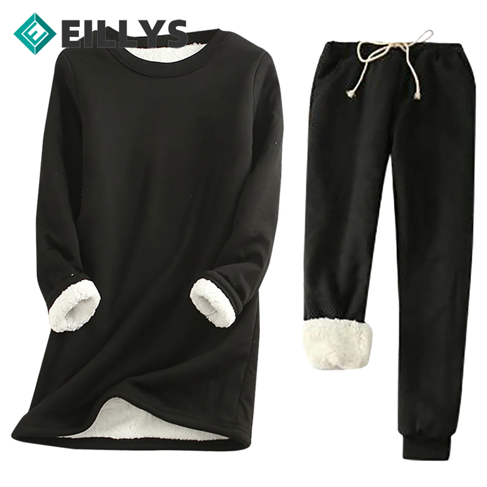 

female drawstring plush sets Autumn Winter Women fleece sport Suit 2pc solid color ladies Fleece Jogger Set Sweatshirt+sweatpant
