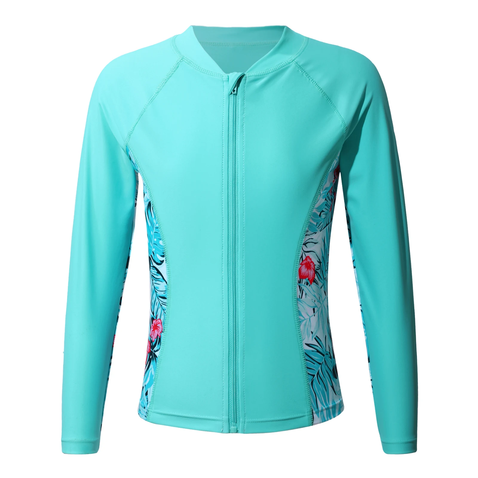 Kids Girls Print Rash Guard T-Shirt Swim Top Long Sleeve Zipper Tops UPF 50+ Sun Protection Pool Swimming Bathing Beach Swimwear