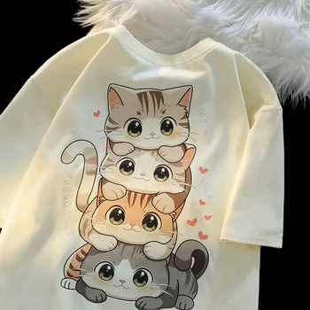 Cute Cartoon Cat Print Women's Round Neck Short Sleeved T-shirt Casual Loose Versatile Summer Tshirt 1