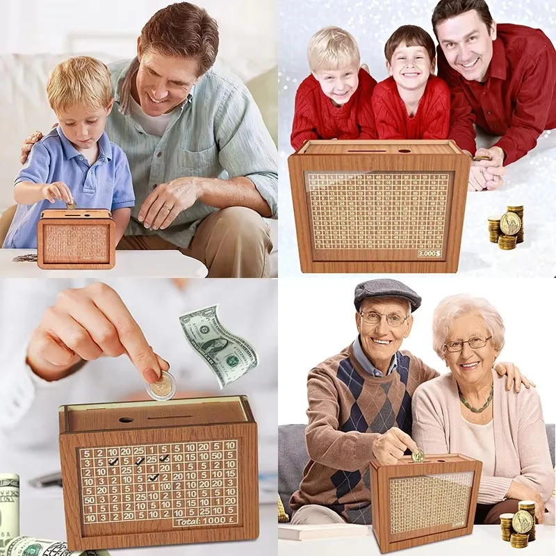 Wooden Piggy Bank 10000&euro; Saving Box with Counter for Children