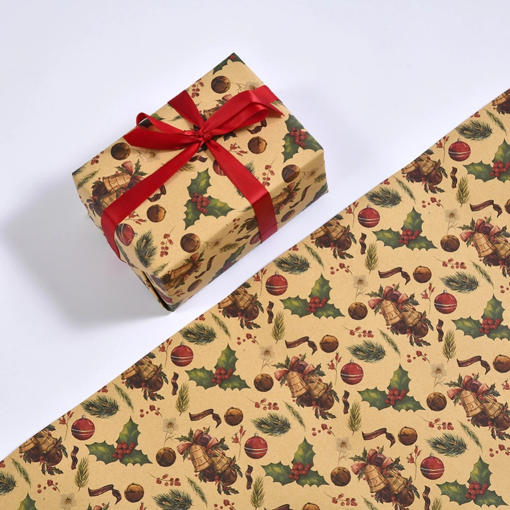 Christmas Wrapping Paper Bundle - Brown Kraft Paper with Color Pattern For  - Christmas Elements Collection-1 Roll - 20*27.5In Per Roll