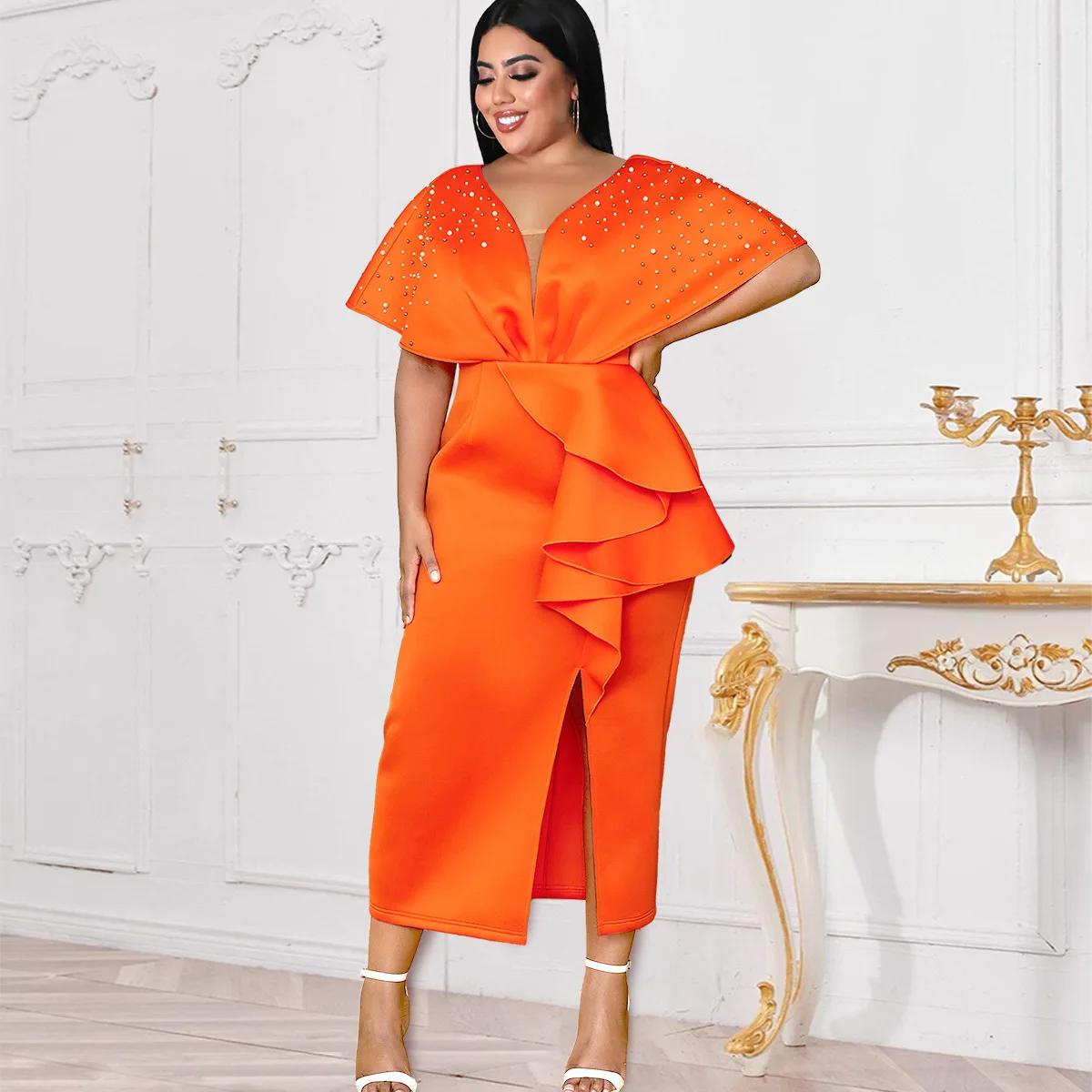 Plus Size Evening Dress Women Pearl Ruffle Split Chubby Cloth Female Casual Elegant Robe 2023 Summer Sale New Party 4xl Dress