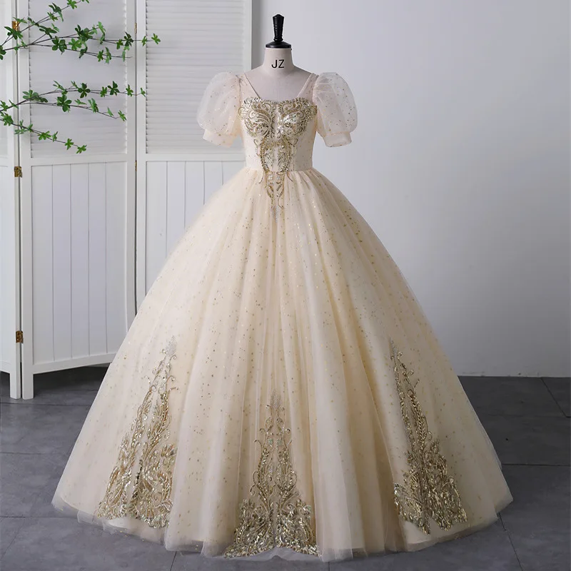 

Elegant Square Collar Formal Evening Dress Short Puff Sleeve Performance Ball Gown Exquisite Sequined Party Shiny Dresses Robe