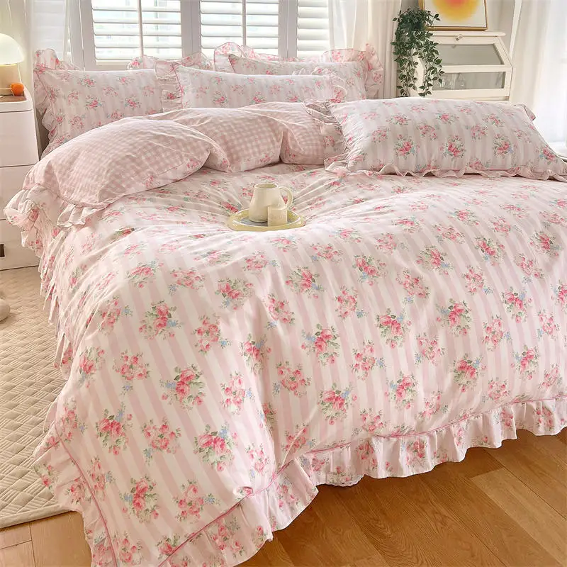Bonenjoy Pink Color Duvet Cover with Ruffles 100%Cotton Flower Printed housse de couette for Girls Pure Cotton Bed Cover King 4