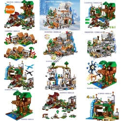 Blocs de construction pour mon monde, grotte de montagne, ascenseur, Village de Mine, modèle de cascade, ensemble avec figurines, briques, jouets de bricolage 
