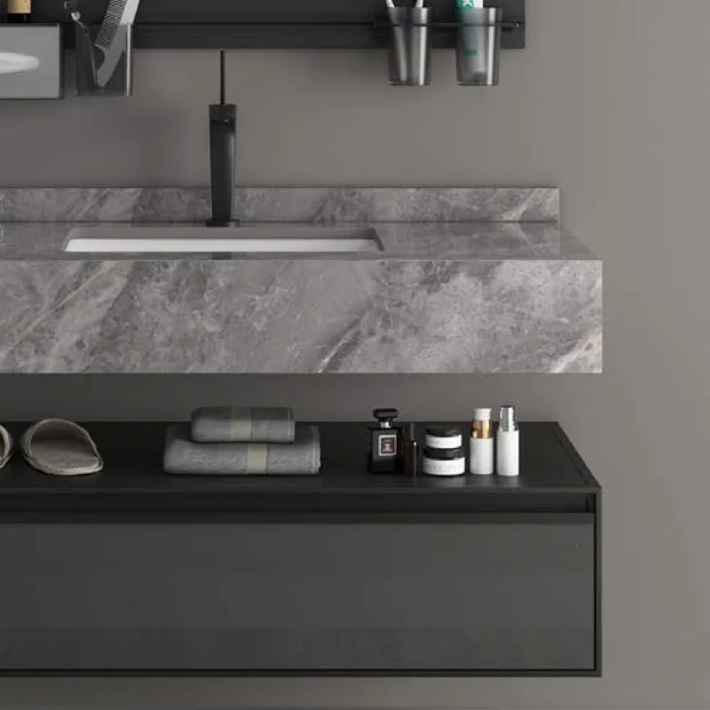 Cocobella Modern Gray Wall Mount Bathroom Vanity Hotel Aluminum Whole Plate Washroom Storage Cabinet Marble Floating Vanity
